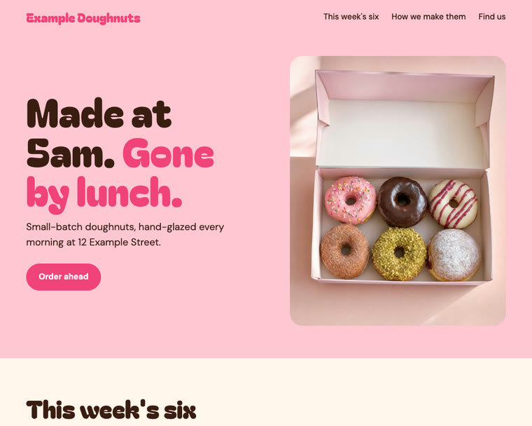 The home page of a made-up doughnut shop