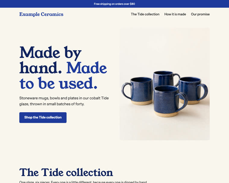 The home page of a made-up ceramics shop